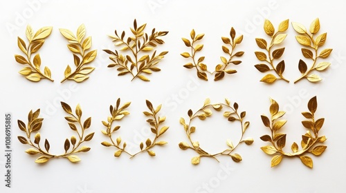 Elegant display of assorted golden olive crowns and laurel wreaths featuring intricate leaf designs in various shapes and sizes on a light background.