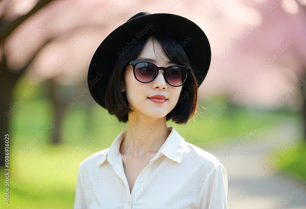 Portrait of a young Chinese woman in a black hat and glasses Portrait of a young Chinese woman in a black hat and glasses