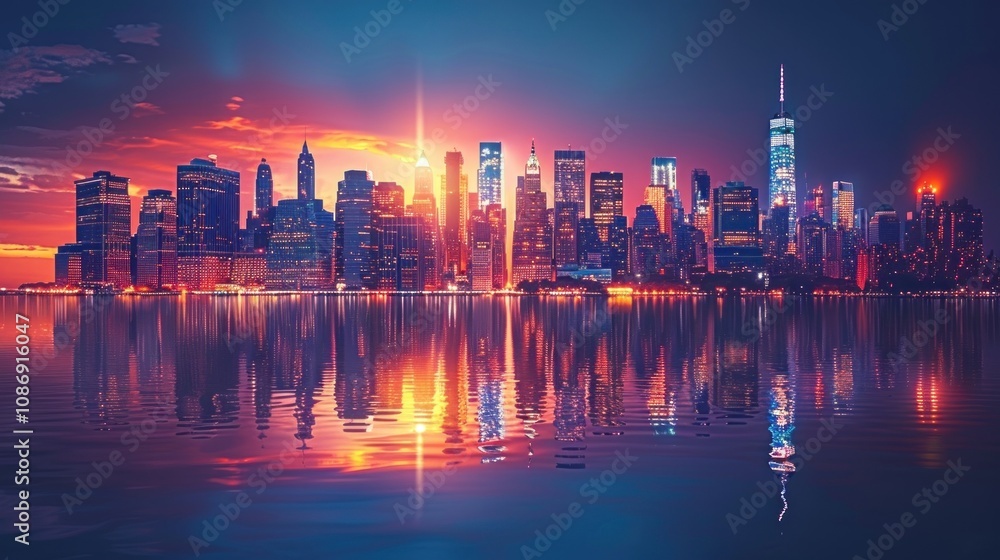 Fototapeta premium New York City skyline at night with illuminated skyscrapers on an isolated white background.