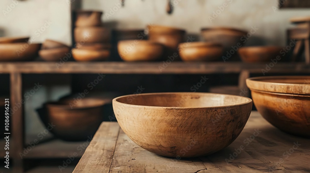Handcrafted wooden bowls displayed on rustic shelves, showcasing the beauty of artisan craftsmanship and natural materials. Handcrafted wooden bowls displayed on rustic shelves, showcasing the beauty of artisan craftsmanship and natural materials.