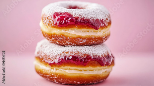 Delicious donuts with frosting and strawberry cherry jam fashion pink background. food photography advertising modern delicious atmosphere cute luxury wallpaper 