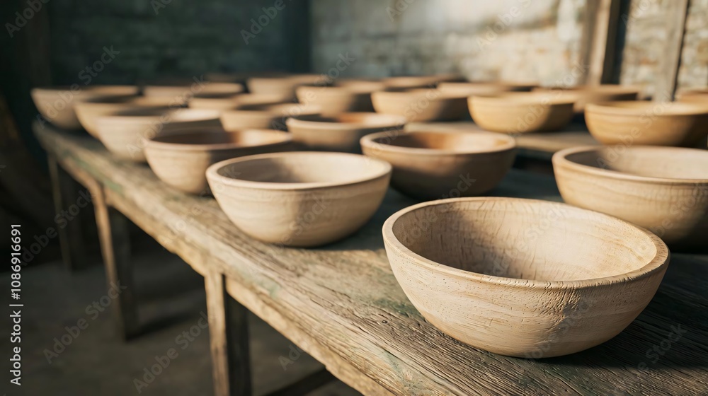 Wooden bowls arranged on a rustic table, highlighting craftsmanship and simplicity in home decor and dining.