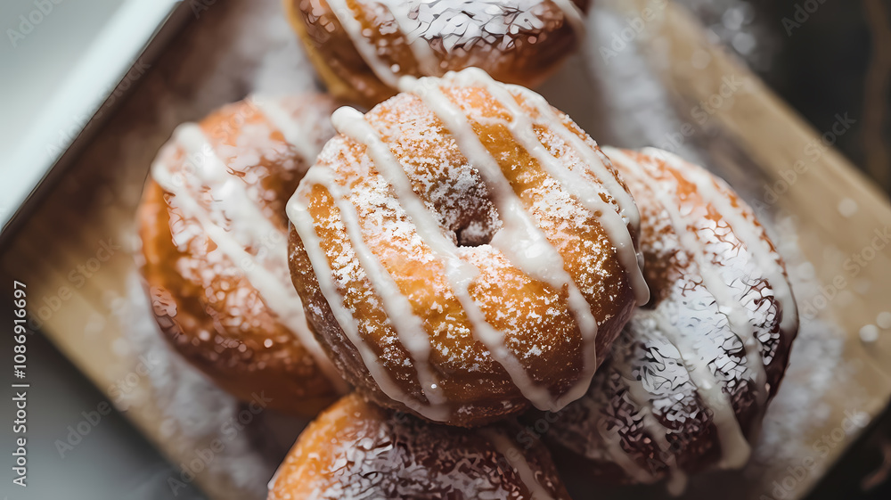 Frosted donuts dusted with powdered sugar on a wooden serving tray. Frosted donuts dusted with powdered sugar on a wooden serving tray.