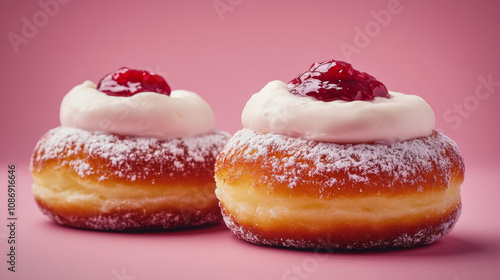 Delicious donuts with frosting and strawberry cherry jam fashion pink background. food photography advertising modern delicious atmosphere cute luxury wallpaper 