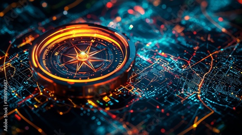 High-Tech Compass Overlaid on Futuristic Map with Neon Lights and Geometric Patterns for Navigation and Exploration Concepts