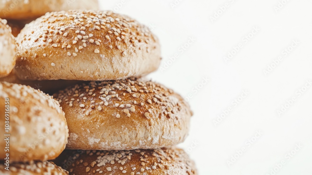 Close-up of a stack of golden-brown sesame seed bread rolls showcasing their soft texture and freshly baked appearance against a light background. Close-up of a stack of golden-brown sesame seed bread rolls showcasing their soft texture and freshly baked appearance against a light background.