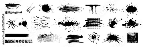 Set of black ink spots, spray splashes, blots isolated on white background. High quality grunge texture hand drawn. Artistic elements, boxes for text.	
