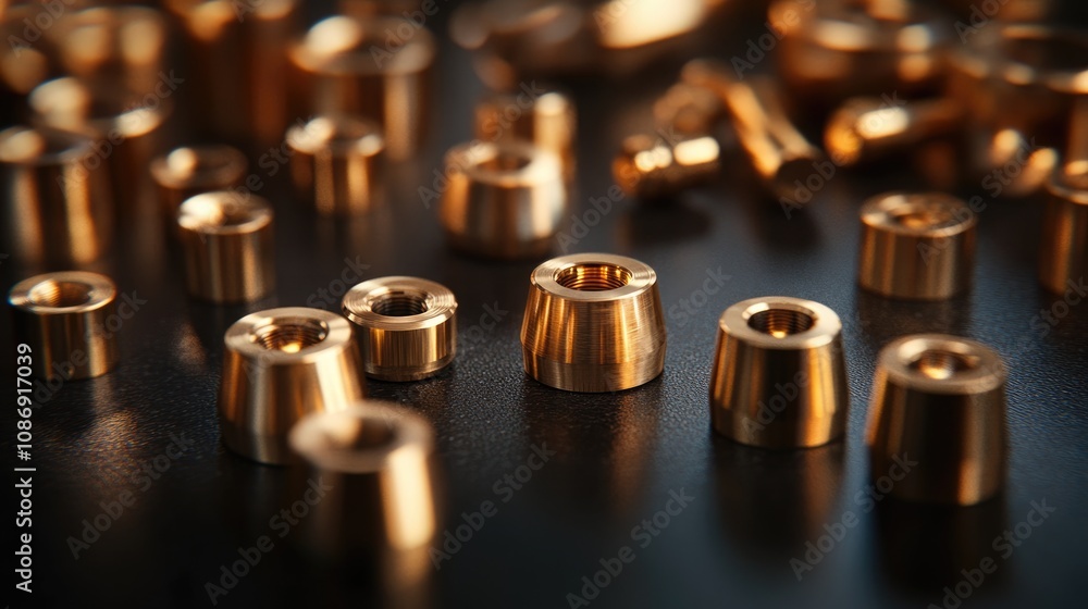 Close-up shot of shiny brass bullet casings scattered on a dark surface, showcasing their intricate shapes and reflective surfaces. Close-up shot of shiny brass bullet casings scattered on a dark surface, showcasing their intricate shapes and reflective surfaces.