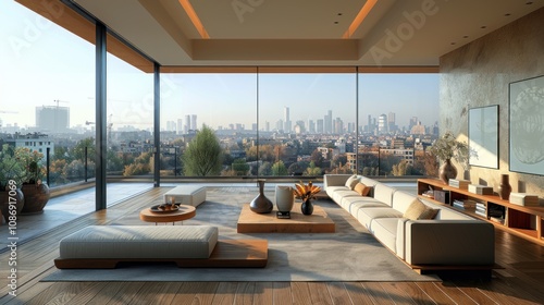 Spacious modern living room with wooden accents and large windows overlooking a cityscape, featuring stylish furniture.
