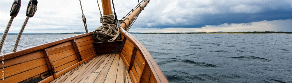 Obraz premium Wooden sailboat prow on calm waters under a cloudy sky, evoking adventure and tranquility.