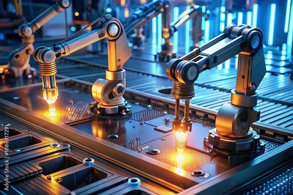 Advanced High Precision Robot Arms Operating on Circuit Board in Long Exposure, Showcasing Futuristic Technology and Automation in a High-Tech Environment Advanced High Precision Robot Arms Operating on Circuit Board in Long Exposure, Showcasing Futuristic Technology and Automation in a High-Tech Environment