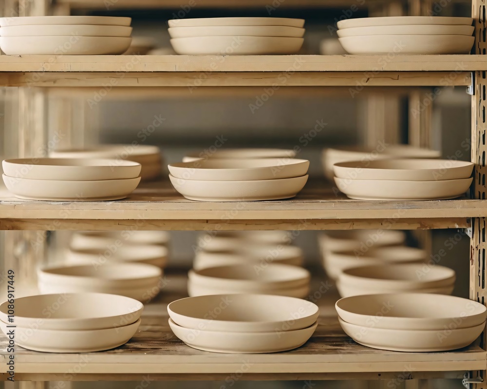A collection of handmade ceramic bowls displayed on wooden shelves in a pottery studio, showcasing artisanal craftsmanship. A collection of handmade ceramic bowls displayed on wooden shelves in a pottery studio, showcasing artisanal craftsmanship.