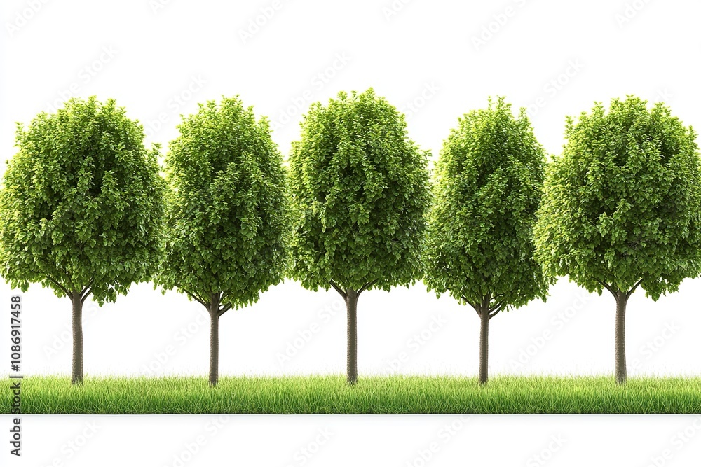 Green trees isolated on white background. Forest and foliage in summer. Row of trees and shrubs. Green trees isolated on white background. Forest and foliage in summer. Row of trees and shrubs.