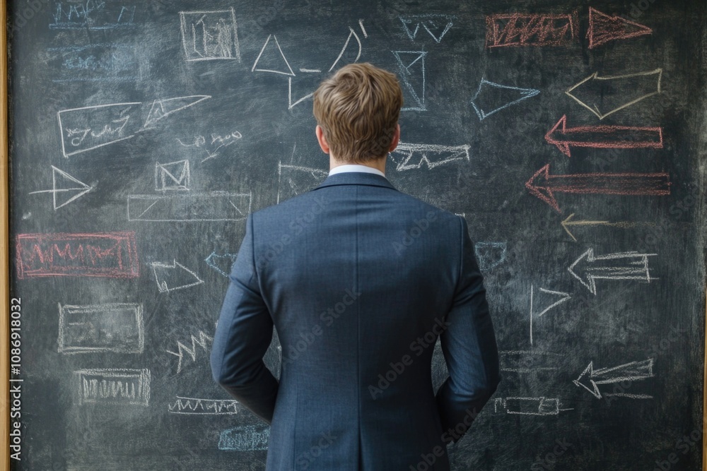 Businessman standing in front of a chalkboard. Businessman standing in front of a chalkboard.