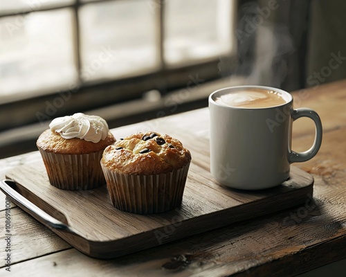 A fresh cup of coffee paired with delicious muffins on a rustic wooden tray by the window. photo