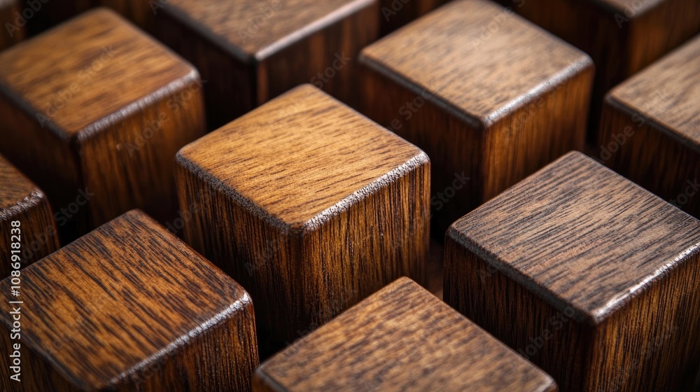 Close-up view of polished brown wooden cubes arranged in a pattern, showcasing intricate grain textures and rich color variations.