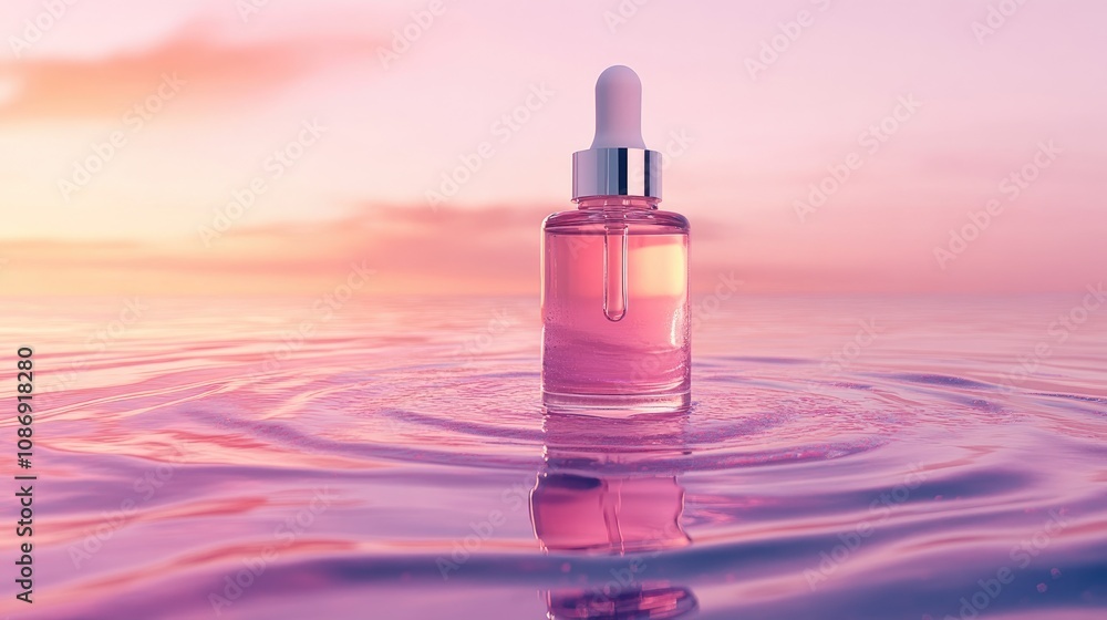 Elegant serum bottle floats serenely in soft pink waters, capturing gentle sunset reflections with a tranquil and dreamy atmosphere. Elegant serum bottle floats serenely in soft pink waters, capturing gentle sunset reflections with a tranquil and dreamy atmosphere.