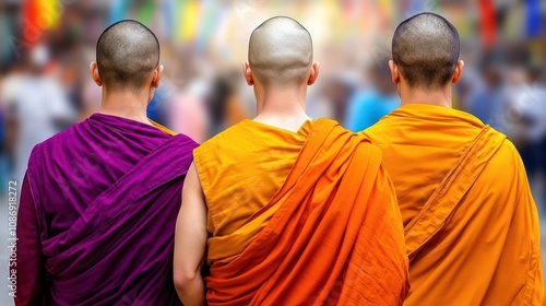 Three Buddhist Monks Walking Back View photo