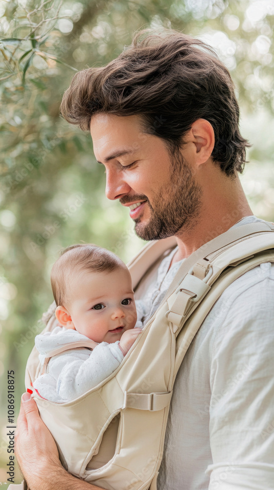 Father smiling and holding his baby in a carrier outdoors Father smiling and holding his baby in a carrier outdoors