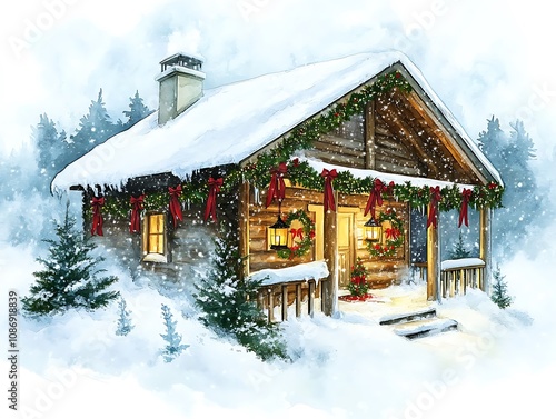 Alpine cabin nestled in snow with Christmas garlands, a lantern glowing on the front porch, watercolor theme