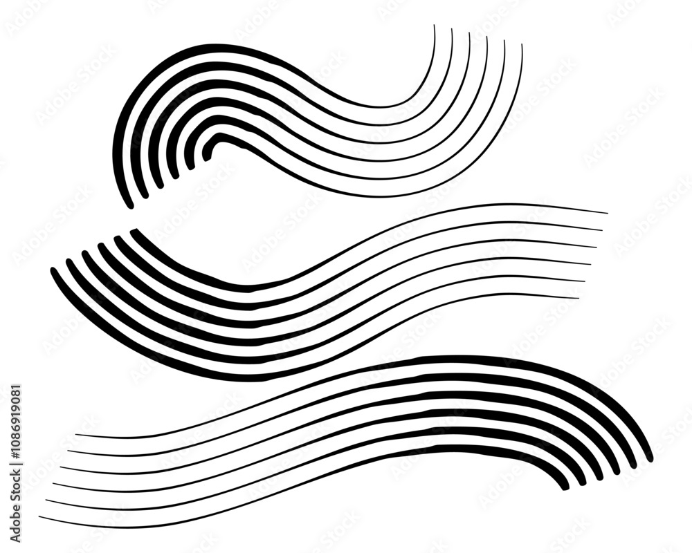 Vector hand drawn wavy lines set on transparent background