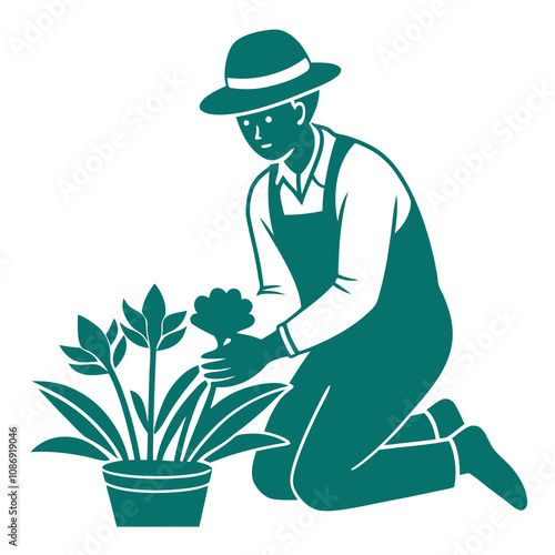 Flower Planting Gardener Vector.