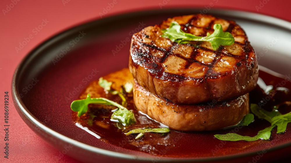 Delicious French Foie Gras yummy grilled meat fresh red elegant background. food photography advertising fashion restaurant cuisine gourmet wallpaper Delicious French Foie Gras yummy grilled meat fresh red elegant background. food photography advertising fashion restaurant cuisine gourmet wallpaper