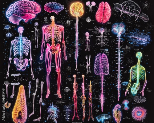 Victorian anatomy meets neon surrealism, A collage of human anatomy diagrams glowing with neon hues against a dark cosmic background. photo