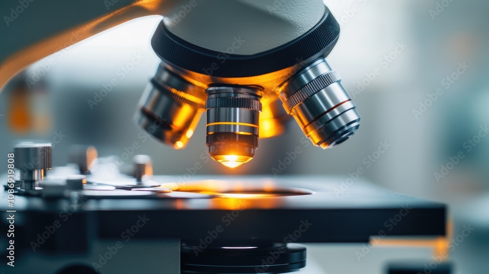 Close-up of a high-tech microscope illuminated with warm light, highlighting precise lenses in a sophisticated laboratory setting focused on viral microbiological research. Close-up of a high-tech microscope illuminated with warm light, highlighting precise lenses in a sophisticated laboratory setting focused on viral microbiological research.