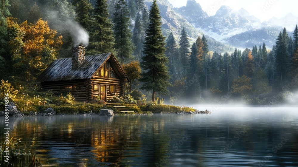 Fototapeta premium Rustic cabin surrounded by a misty forest with smoke curling from its chimney, reflecting beautifully in the serene water.