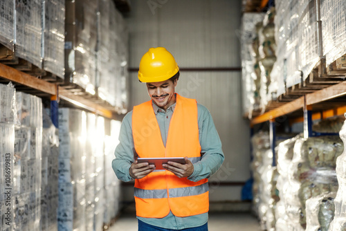 Smiling diverse foreperson standing at warehouse with tablet in hands and doing inventory management