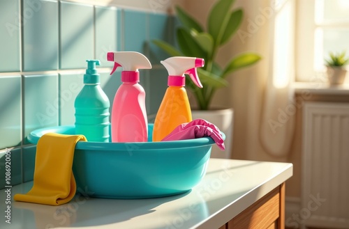 Colorful cleaning equipment in the basin staying on the table in a sunny room. Various cleaning items and supplies  photo