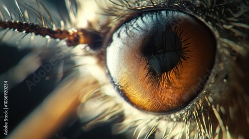 Close-up view of a mosquito's compound eye highlighting intricate lenses and fine details, ideal for vector biology research and insect flight navigation studies. photo