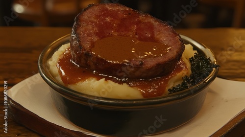 Roasted Meat Served Over Mashed Potatoes With Gravy photo