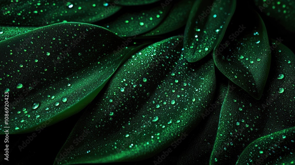 Obraz premium Close-up view of lush green leaves glistening with small water droplets, showcasing vibrant textures and natural beauty.