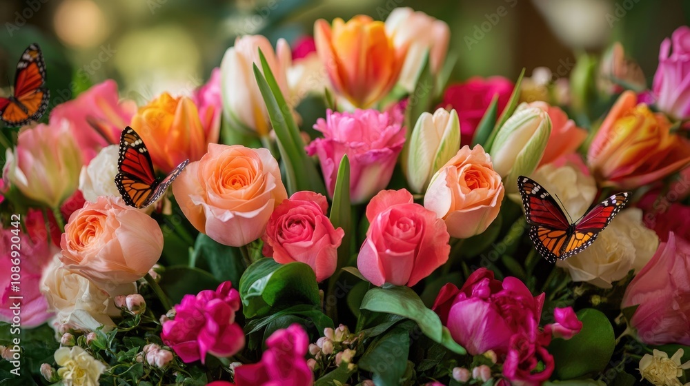 Colorful bouquet of roses and tulips in various shades, adorned with fluttering butterflies, creating a lively floral display. Colorful bouquet of roses and tulips in various shades, adorned with fluttering butterflies, creating a lively floral display.