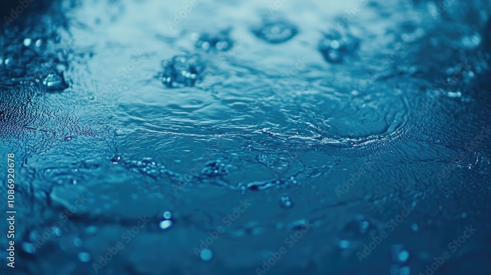 Close-up view of shimmering water droplets on a smooth blue surface, capturing the essence of freshness and the beauty of purity in nature. Close-up view of shimmering water droplets on a smooth blue surface, capturing the essence of freshness and the beauty of purity in nature.