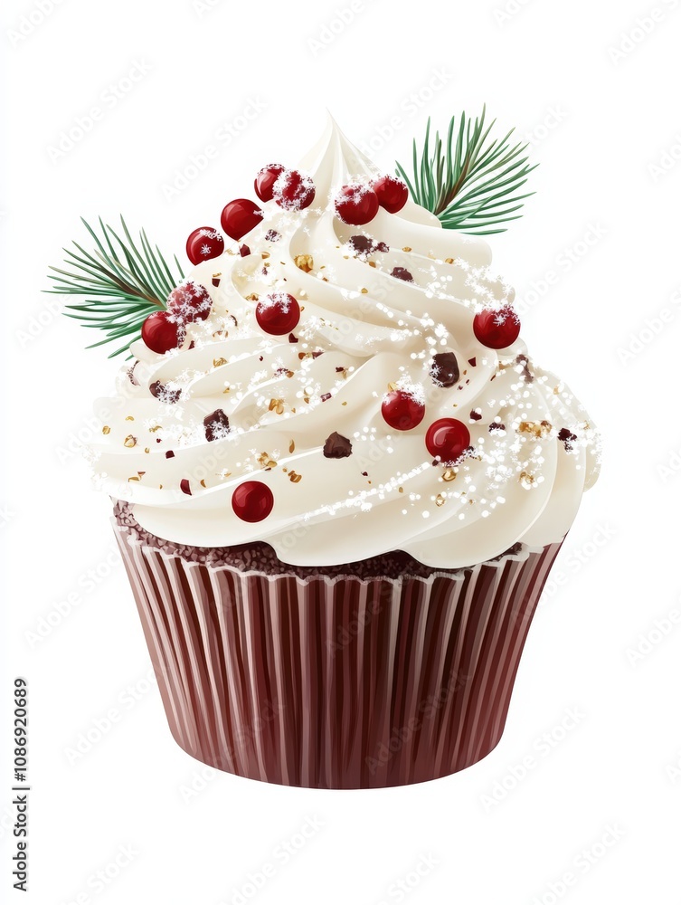 Festive cupcake decorated with red berries and pine for the holiday season Festive cupcake decorated with red berries and pine for the holiday season