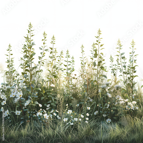 wild plants growing naturally in an unmaintained yard highlighted by white, text area, png photo