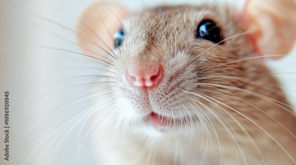Close-up of a rat with prominent whiskers and large eyes on a plain white background, showcasing its detailed facial features and fur texture. Close-up of a rat with prominent whiskers and large eyes on a plain white background, showcasing its detailed facial features and fur texture.