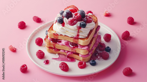 Delicious french toast with fruits jam syrup and cream frosting fashion pink background. food photography advertising modern delicious atmosphere cute luxury wallpaper