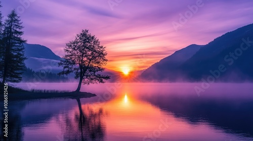 Wallpaper Mural Vibrant sunset illuminating a tranquil mountain lake, with a silhouetted tree on the shore and mist gently rising from the water, creating a serene atmosphere. Torontodigital.ca