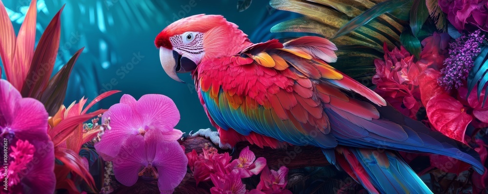 Obraz premium A colorful parrot perched on a jungle branch, surrounded by vibrant flowers.