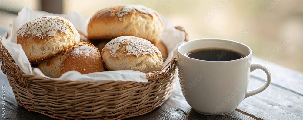 Freshly baked bread rolls in a basket next to a steaming cup of coffee on a rustic wooden table. Freshly baked bread rolls in a basket next to a steaming cup of coffee on a rustic wooden table.