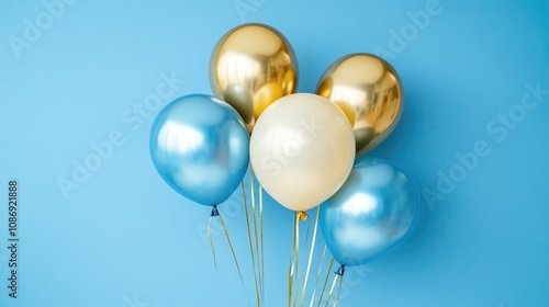 Wallpaper Mural Shiny blue and gold foil balloons clustered together on a soft pastel blue backdrop, providing a stylish and festive atmosphere for celebrations. Torontodigital.ca