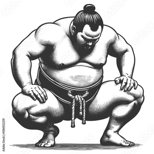 sumo wrestler crouching in a traditional pre-fight stance, emphasizing strength and discipline sketch engraving generative ai vector illustration. Scratch board imitation. Black and white image.