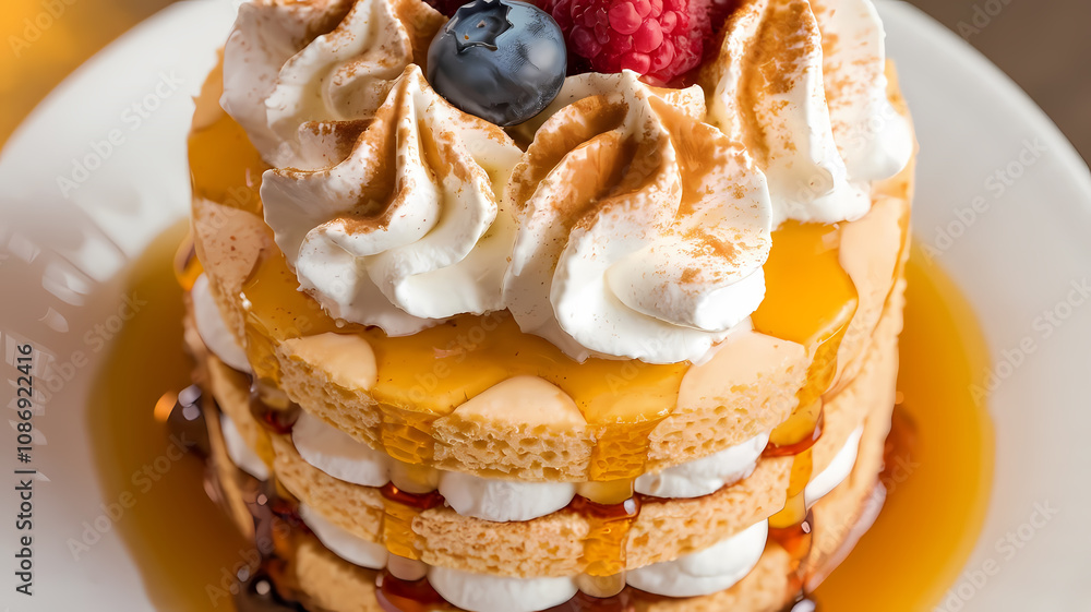 Layered pancake stack topped with whipped cream, fresh raspberries, blueberries, and drizzled with syrup.
Layered pancake stack topped with whipped cream, fresh raspberries, blueberries, and drizzled with syrup.