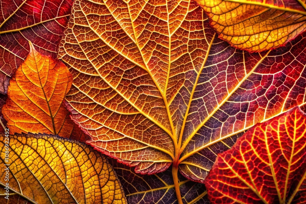 Obraz premium Aerial View of Autumn Leaves: Macro Shot Capturing the Vibrant Shades of Gold and Red with Intricate Veins and Textures, Layered and Scattered Across the Ground