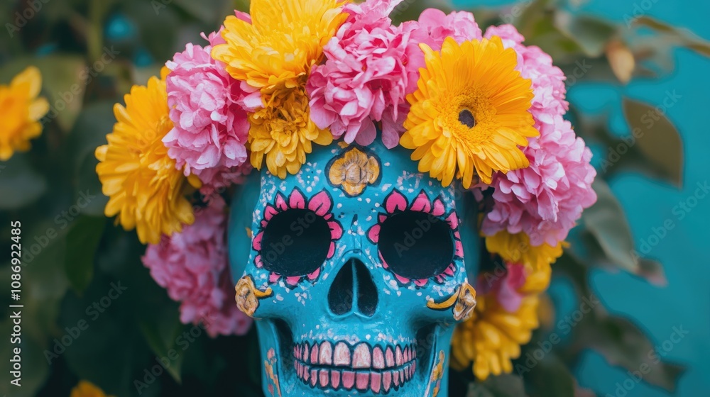 Vibrant blue skull featuring intricate designs, crowned with a lively arrangement of pink and yellow flowers, set against a contrasting green background showcasing lush foliage. Vibrant blue skull featuring intricate designs, crowned with a lively arrangement of pink and yellow flowers, set against a contrasting green background showcasing lush foliage.