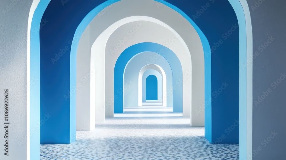 Contemporary interior showcasing a series of blue and white arches, creating a serene and harmonious atmosphere with geometric symmetry. Contemporary interior showcasing a series of blue and white arches, creating a serene and harmonious atmosphere with geometric symmetry.